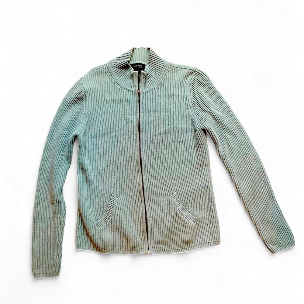Lauren Ralph Lauren Women's M Light Green 100% Cotton Ribbed Zip Front Sweater
